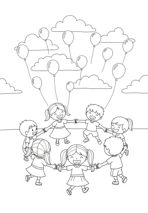 A joyful group of children dancing and playing in a circle under a sky filled with floating balloons and cheerful clouds
