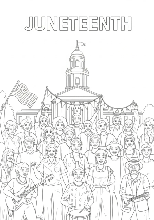 A joyful scene depicting a community gathering during Juneteenth with people of diverse backgrounds celebrating together in front of a historic landmark