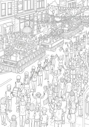 A detailed illustration of a celebratory parade with floats, marching bands, and families lining the streets in honor of Juneteenth