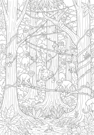 A dense jungle scene with towering trees, twisting vines, and curious monkeys swinging from branches