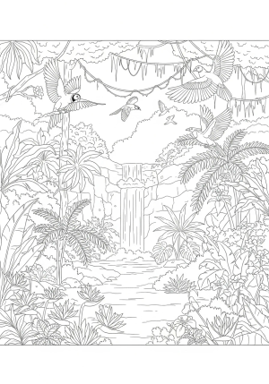 A peaceful clearing in the jungle featuring a variety of exotic plants, a waterfall, and colorful birds perched on branches