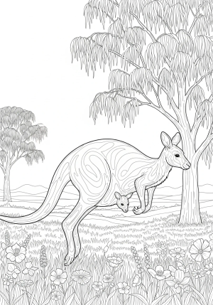 A detailed illustration of a kangaroo hopping across the grassy landscape with a baby joey in its pouch, surrounded by wildflowers and tall trees