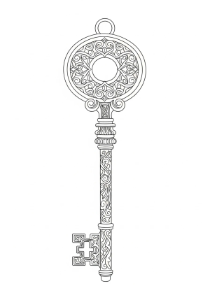 An ornate skeleton key with elaborate engravings, featuring a round handle and a long, textured shaft, on a neutral backdrop.