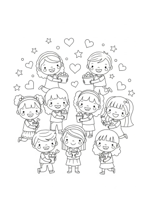 A diverse group of children sharing and helping each other with big smiles and open arms, surrounded by hearts and stars.