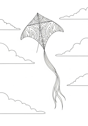 A detailed line drawing of a classic kite with intricate patterns flying high in the sky with a long flowing tail and clouds in the background