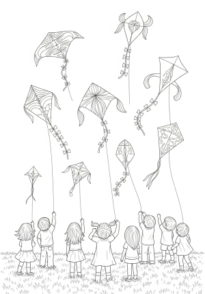 An imaginative scene featuring a variety of differently shaped kites soaring above a grassy field with children watching and a breezy sky