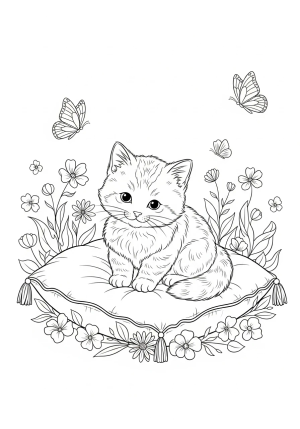 A adorable kitten sitting on a cozy pillow surrounded by flowers and butterflies in a detailed line art style