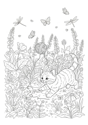 A playful kitten chasing a ball of yarn through a garden filled with blooming plants and whimsical insects in a detailed line drawing