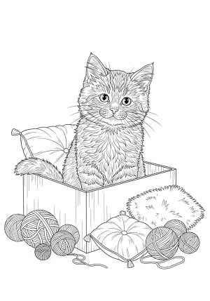 A cute kitten sitting inside a cozy box surrounded by scattered yarn balls and fluffy cushions, with detailed fur texture and playful expressions