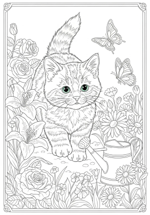 A curious kitten exploring a garden filled with blooming flowers, butterflies, and a small watering can, with intricate line work highlighting nature elements