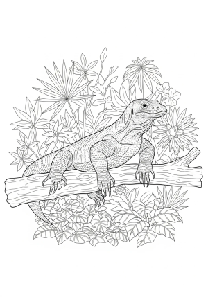A majestic pose of a komodo dragon standing on a branch, surrounded by tropical plants and detailed scales