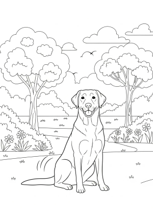 A friendly Labrador sitting patiently with a wagging tail, surrounded by a park scene with trees and flowers