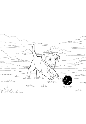 A playful Labrador puppy chasing a ball in an open field with clouds in the background