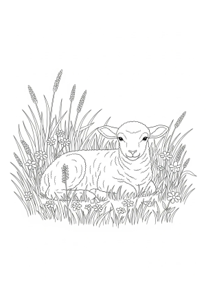 A fluffy lamb sitting peacefully in a meadow surrounded by tall grass and wildflowers.