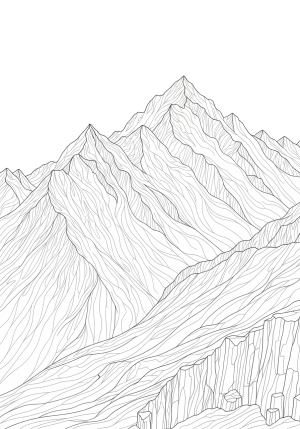 A detailed illustration of a majestic mountain range with snow-capped peaks and rugged slopes.