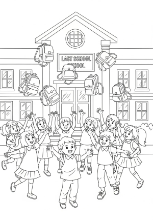 A group of children happily tossing their backpacks in the air outside the school building on the last day of school