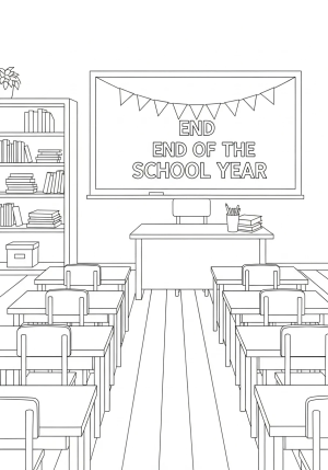 A cheerful classroom scene with desks empty and a chalkboard celebrating the end of the school year