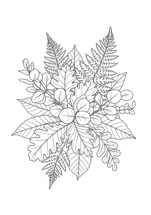 A cluster of various leaves including oak, fern, and eucalyptus, arranged in a natural, overlapping composition with detailed linework