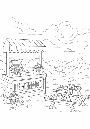 A cheerful lemonade stand with a big pitcher of lemonade, surrounded by lemons and a picnic table in a sunny outdoor setting.