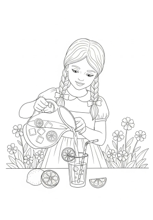 A whimsical scene of a girl pouring lemonade from a jug into a glass, with lemon slices and a straw, set in a garden filled with blooming flowers.