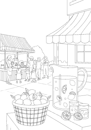 A bustling lemonade stand with a striped canopy, a large pitcher of lemonade, and a basket of lemons on a sunny sidewalk scene