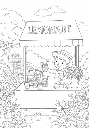 A cheerful lemonade stand set up in a garden with a table full of glasses, lemons, and a smiling child serving a drink