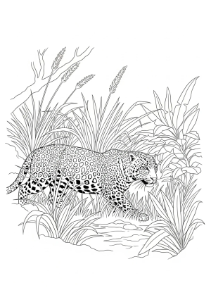 An intricate scene of a leopard stalking through tall grass and jungle plants in a natural habitat