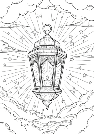 A beautiful lantern emitting radiant light surrounded by shining stars and gentle clouds.