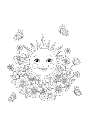 A cheerful sun with a smiling face, rays extending outward amidst blooming flowers and fluttering butterflies.