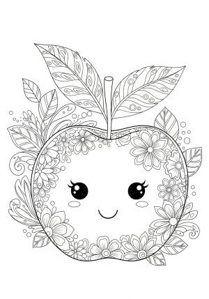 A detailed illustration of a playful apple with floral patterns on its surface, surrounded by decorative vines and leaves.