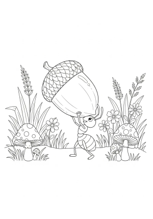 A whimsical scene featuring an animated ant carrying a shiny, oversized acorn through a garden filled with grass, mushrooms, and flowers.