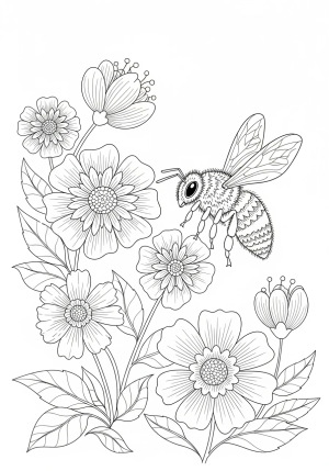 A playful scene of a busy bee buzzing around blooming flowers with intricate patterns and details