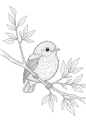 An adorable baby bird sitting on a tree branch surrounded by leaves and twigs with fine line details