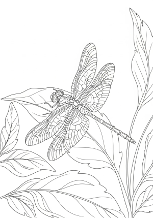 A detailed illustration of a dragonfly resting on a leaf with intricate wing patterns and surrounding foliage.