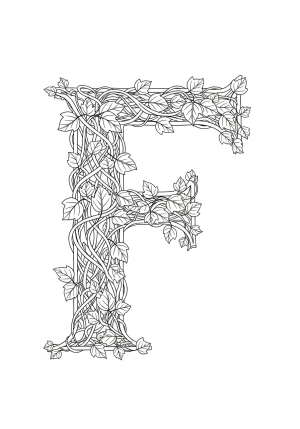 A detailed illustration of the letter 'F' made of intertwined vines and leaves.
