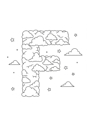 A whimsical scene with the letter 'F' shaped from fluffy clouds floating in a sky filled with stars.