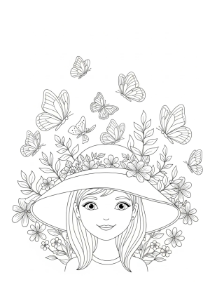 A whimsical illustration of a girl wearing a big hat with a garden of flowers and butterflies around her.