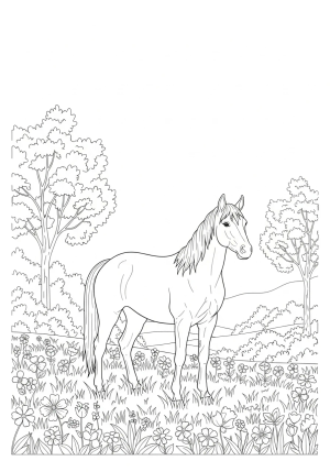 A whimsical scene featuring a friendly horse standing in a lush field with flowers and trees in the background