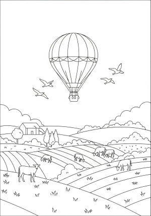 A playful illustration of a hot air balloon floating above a countryside landscape with rolling hills and birds