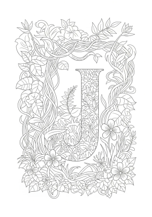 An imaginative illustration of a whimsical jungle with a large letter J hidden among lush vines and flowers