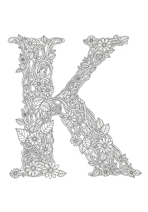 A detailed illustration of a large letter K made from interwoven vines and flowers, with intricate leaf patterns.