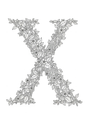 A detailed illustration of a giant letter X formed by intertwined vines and leaves, with small flowers scattered throughout