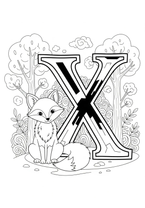 An artistic depiction of a playful fox sitting next to a large, stylized letter X surrounded by trees and whimsical patterns