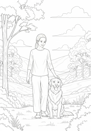 A detailed illustration of a person gently linking arms with a loyal dog by their side, set in a peaceful outdoor scene