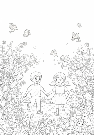 An intricate scene of two children holding hands while playing in a whimsical garden filled with flowers and playful creatures