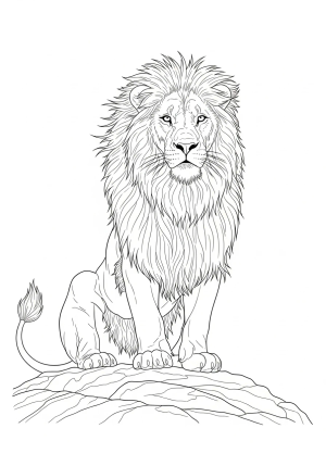 A majestic lion sitting proudly on a rocky outcrop with a detailed mane flowing in the wind.