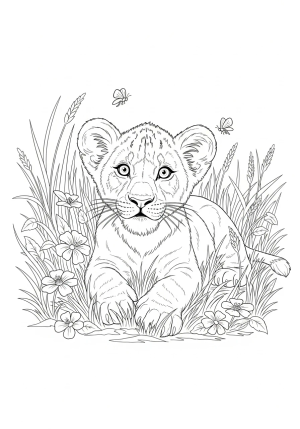 A playful lion cub lying in tall grass, surrounded by flowers and insects, with a curious expression.
