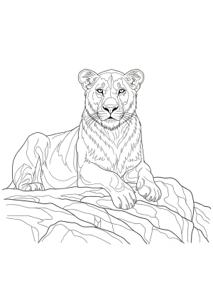 A majestic lioness resting gracefully on a rocky outcrop with detailed fur accents and a serene expression