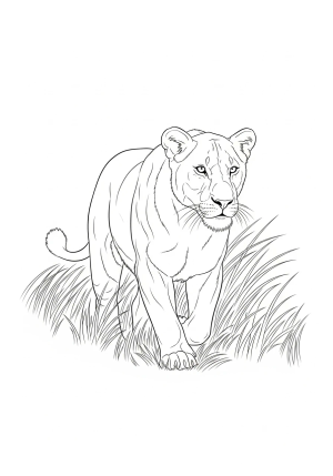 A fierce lioness mid-stride through tall grass, capturing her powerful build and keen eyes