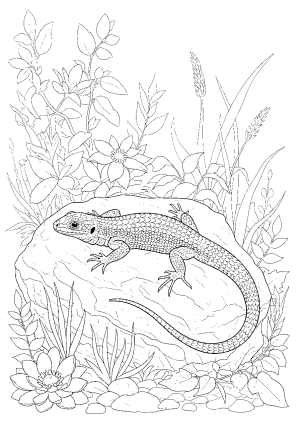A detailed illustration of a lizard basking on a textured rock with intricate scales and surrounding foliage
